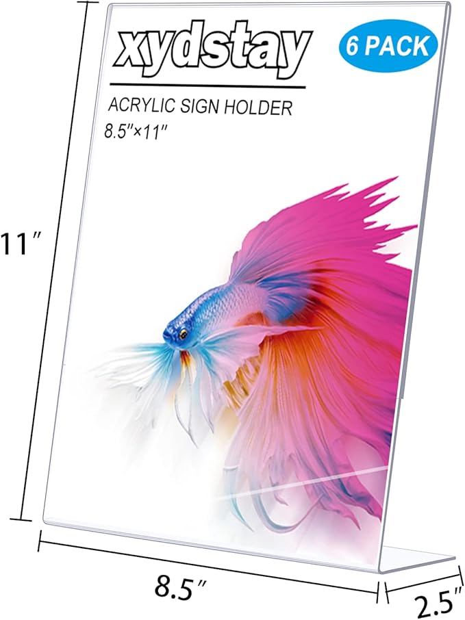 6pack 8.5x11 Acrylic, L Shape Clear Plastic, Menu Holder, Unbreakable Table sign holder for Restaurant, Office, School, Store and Home Use