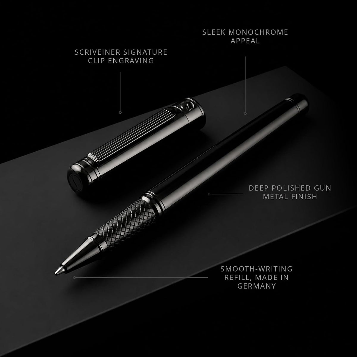 Scriveiner Gun-Metal Rollerball Pen - Stunning Luxury Pen, Schmidt Ink Refill, Best Roller Ball Gift Set for Men & Women, Professional, Executive Office, Nice Pens