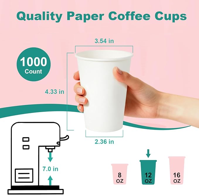 12 oz 300 Pack Disposable Coffee Cups, Bulk White Disposable Paper Cups