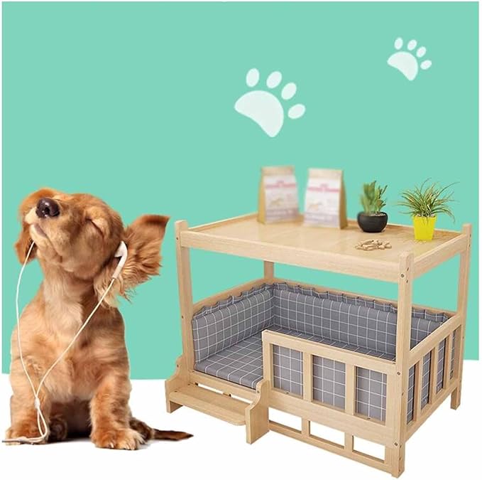 XPLKQXE Dog Bed Wood Platform, Elevated Pet Cushion Bed, Animal Couch with Mattress, Dog Beds & Furniture Rest Cot, Portable Fence Bed Pet Up to 45kg/100lbs(Color:Blue,Size:90x55x70cm)