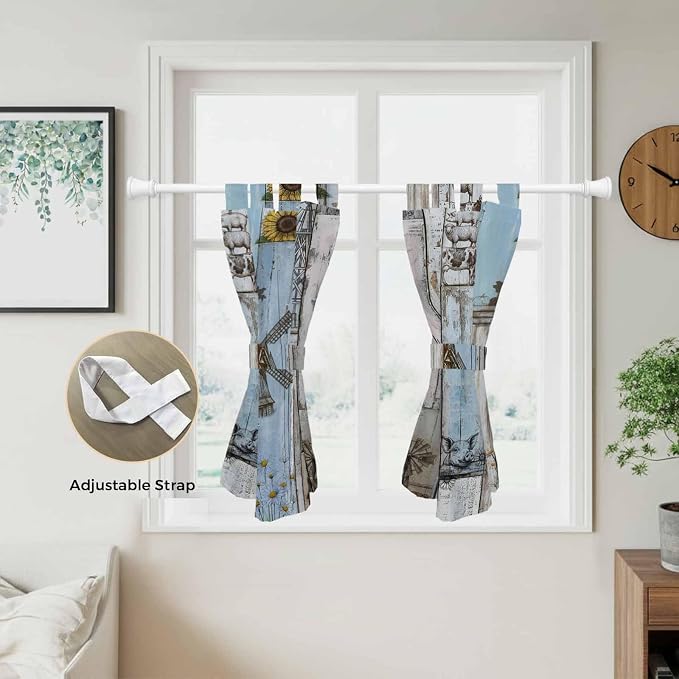 Blue Grey Wooden Bedroom Curtains 63 Inch Length, Window Curtains Tab Top