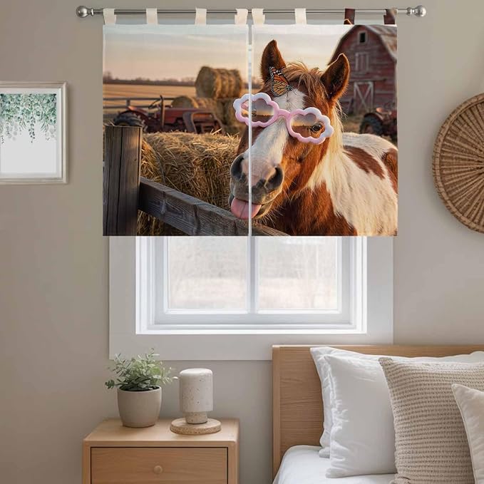 Farm Horses Kitchen Curtains 45 Inch Length, Short Cafe Window Curtains Tab Top