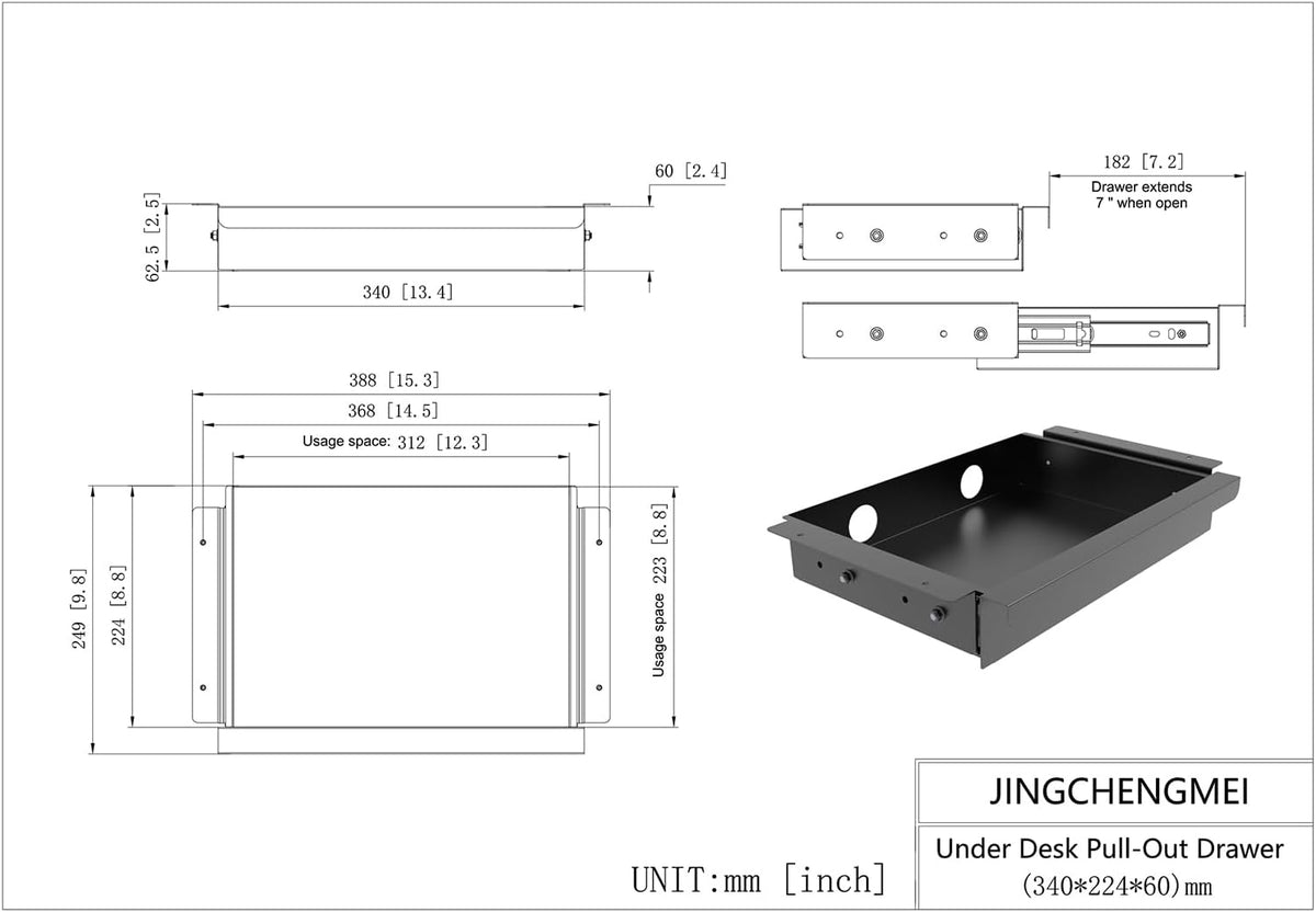 Under Desk Mounted Sliding Pull-out Drawer, W 15.3" x D 8.8"