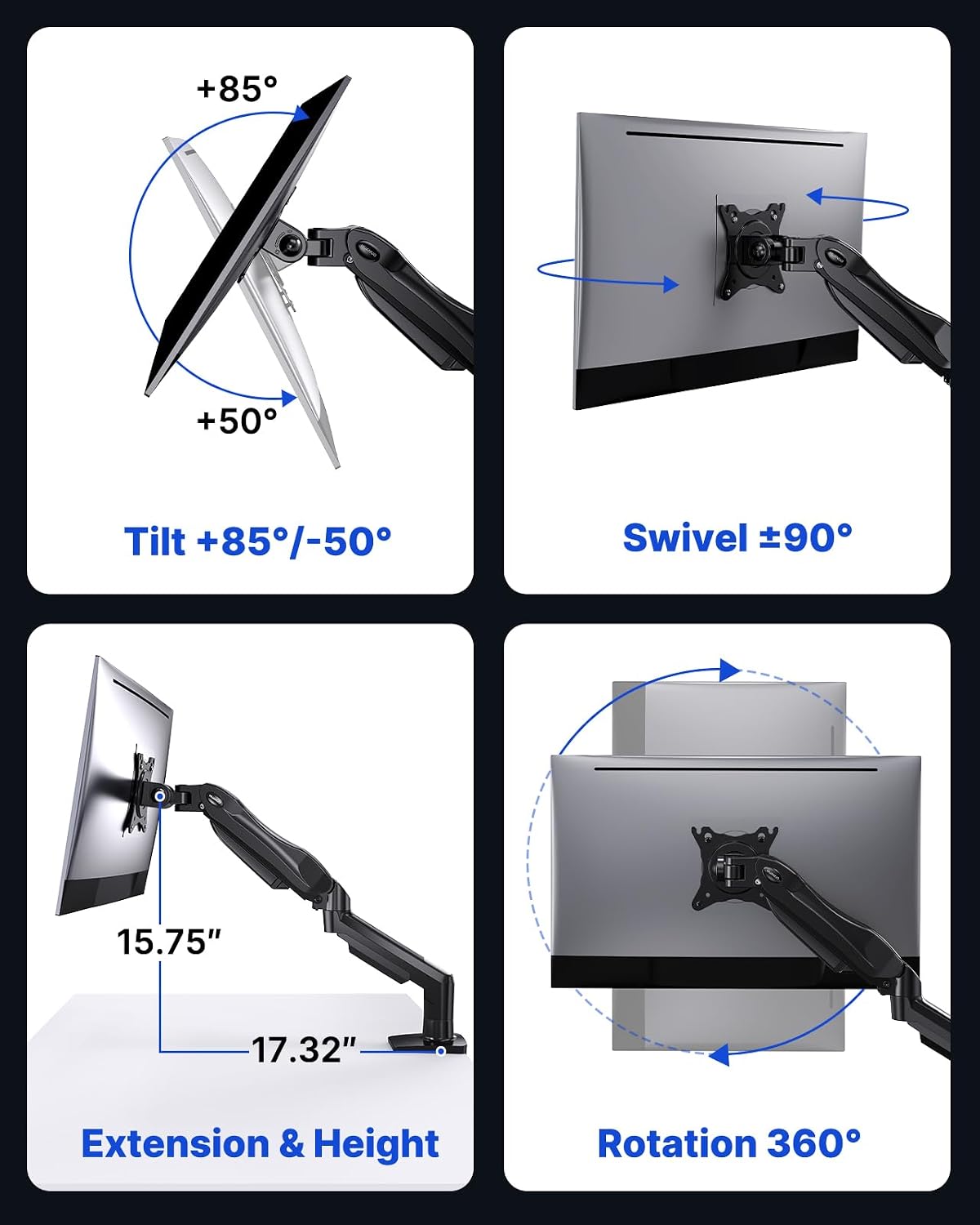 HUANUO 2 Pack Monitor Arm for Dual Monitor Setup, Single Monitor Mount for 13 to 32 Inch Screens, Adjustable VESA Monitor Stand with Clamp and Grommet Base, Each Arm Holds 4.4 to 19.8 lbs