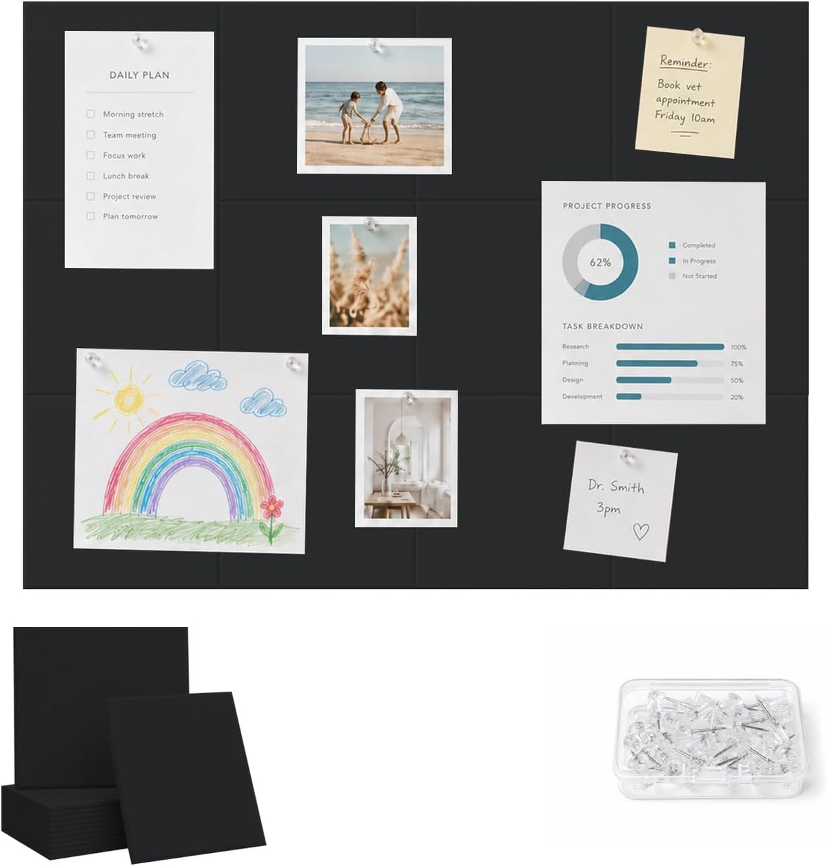 48" x 36" Decorative Bulletin Boards, Large Cork Board Alternative | 50 Pushpins, 60 Adhesive Tabs, Solid-Tile 12-Pack Felt Wall Tiles, Cork Boards for Office Push Pin Board Felt Board, Black