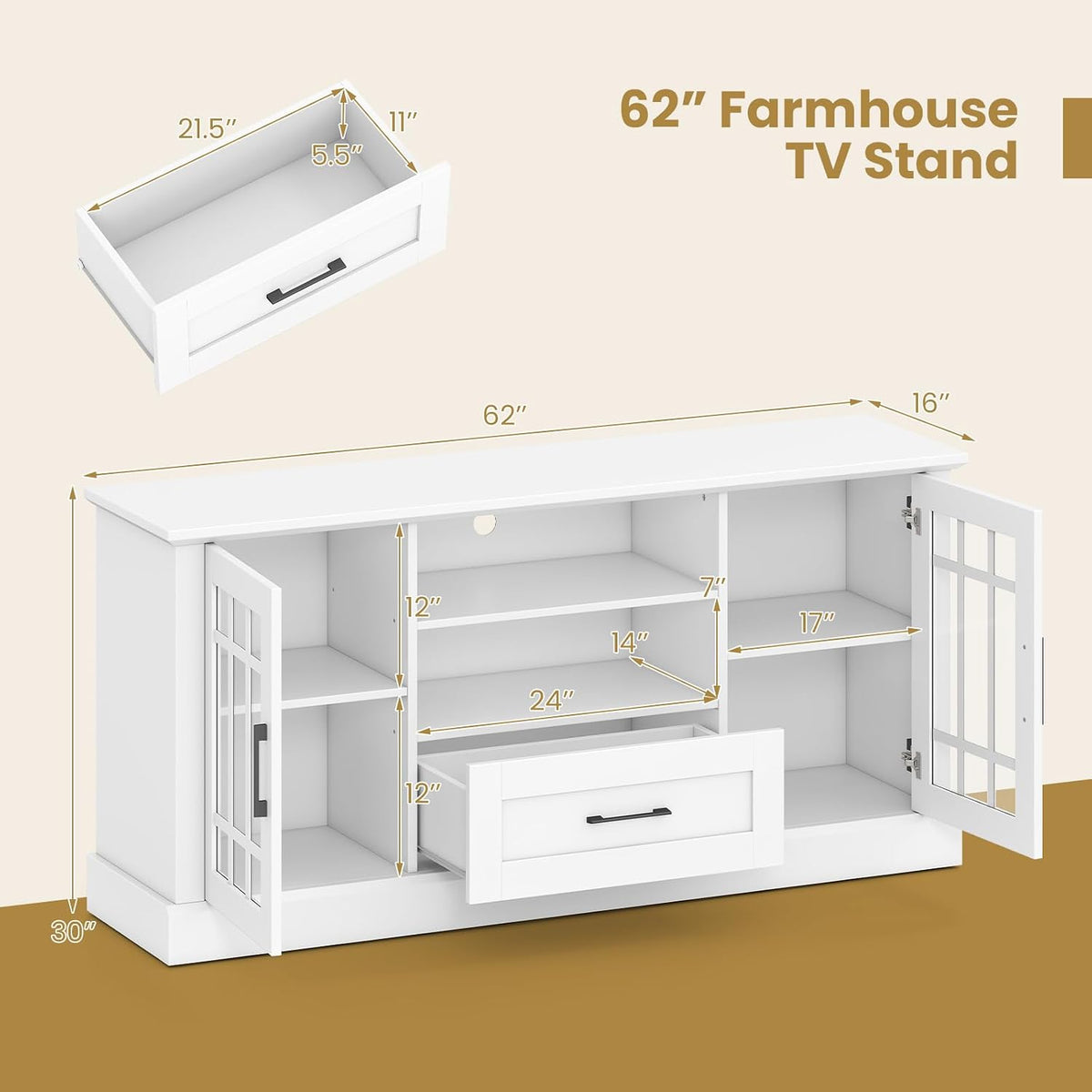 LOKO 62 Inch TV Cabinet, Media Console Table w/ 2 Glass Door Cabinets & Drawer, Fit TVs up to 70”, Cable Management Holes, Farmhouse Style TV Stand for Living Room, Bedroom (White)