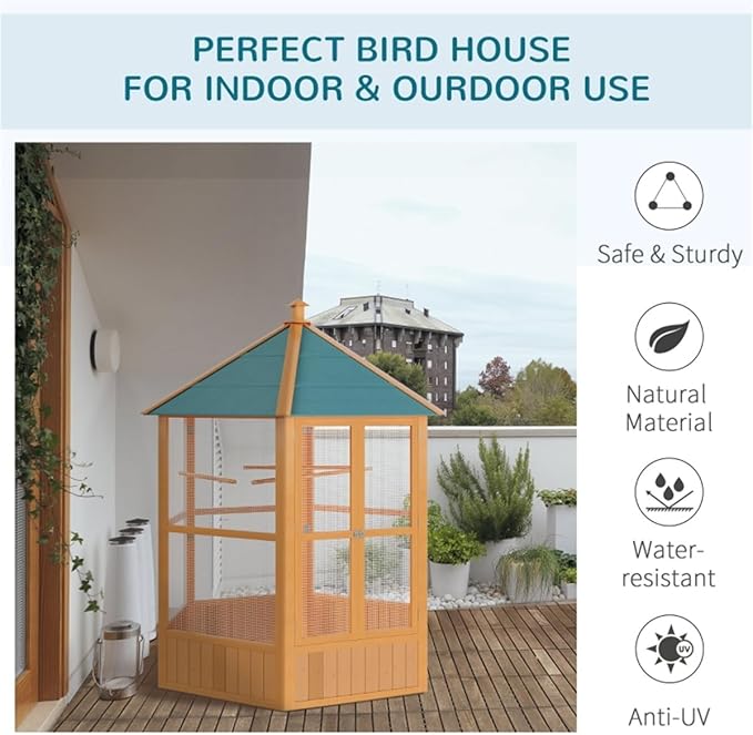 59" Large Wooden Hexagonal Outdoor Aviary Flight Bird Cage with Covered Roof, Green