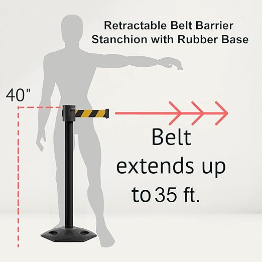 Montour Line MSR760 Set of 2 Retractable Belt Barrier Stanchion, Rubber Base, Black Powder Coated Post (35 ft Green Belt)