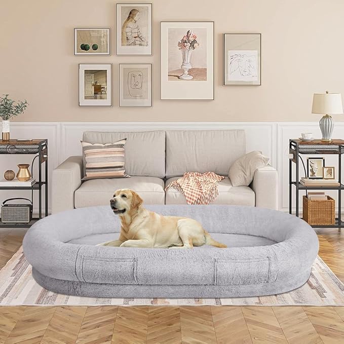 beeNbkks Human Dog Bed for Adult, Giant Extra Large Memory Foam Human Size Pet Bed for People, Fluffy Plush Dog Bed for Human with Storage Pocket Washable Cover Portable Handle Non-Slip Bottom