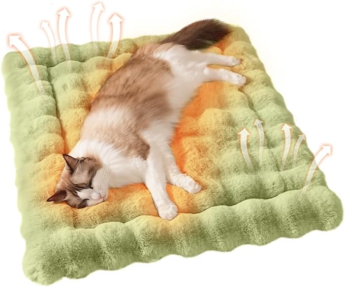 Cat Bed Plush Puppy Pad Mat with Non-Slip Bottom Faux Fur Kitten Beds for Carriers/Floor Dog Friendly 23 x 15 Inch Medium Green