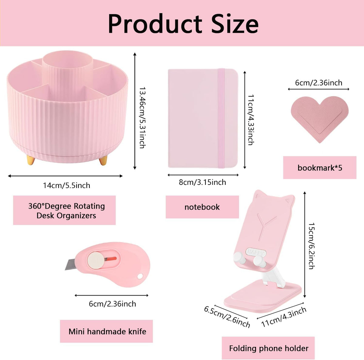 Office Supplies,Pink Desk Accessories,Desk Organizer,Stapler,Tape Dispenser,Folding Phone Stand,Scissors,Notebook,Staple Remover,Staples,Clear Tape,Sticky Notes,Clips,Cool Pen,Bookmark,Ect.22pcs