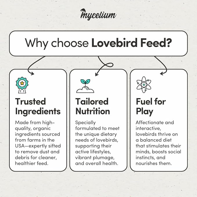 Mycelium Lovebird Feed (5 LB Bag) | Organic, Clean Seed Blend for Lovebirds & Small Parrots | Supports Skin & Feather Health | Non‑GMO, Shell-Free Nutrition | USA Made