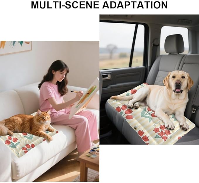 Red Floral Yellow Striped Puppy Bed for Crate Dog Crate Mattress Puppy Pad Dog Bed Washable Non-Slip Rectangle Mats for Dogs Carriers & Travel Products Indoor Outdoor 36X24 Inch