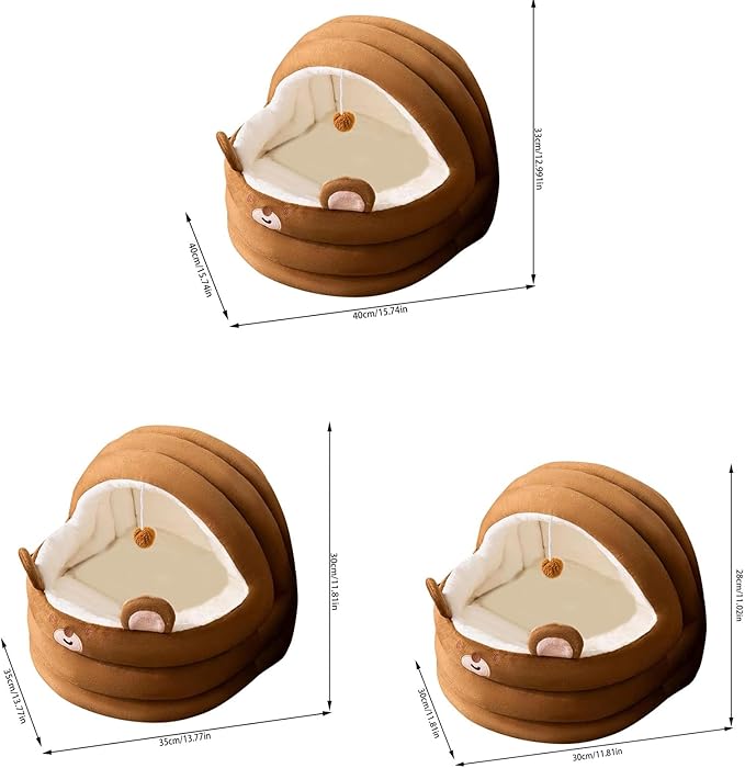 Cat Bed for Indoor Cats, Dog Bed with Anti-Slip Bottom, Rabbit-Shaped Cat/Small Dog Cave with Hanging Toy, Puppy Beds with Removable Cotton Pad, Super Soft Calming Pet Sofa Bed (Brown, Medium)