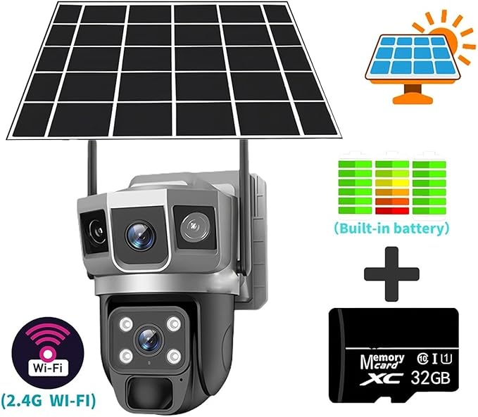 for Outdoor Camera Battery CCTV Monitor 4G SIM Card Network IP Security Pet Camera Motion Detection 3 Screen PTZ Camera(WiFi CCTV 32G Card)