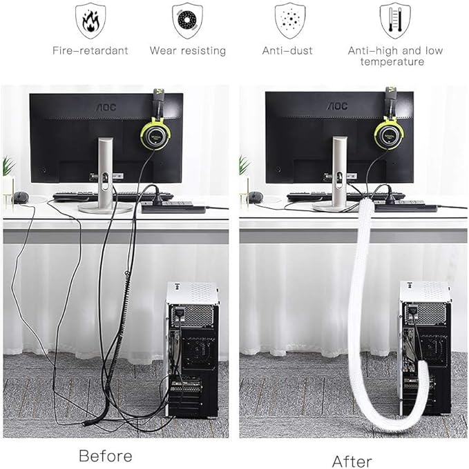 AGPTEK Cable Sleeve Cover, 10ft - 4/5 inch Desk Cord Organizer Cable Hider, Home Office Wire Management Computer TV Wire Loom Tubing, Pet Proof Cord Protector, from Cat Dog Chewing, White