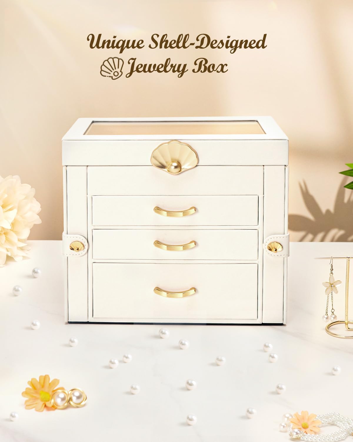 Enthralite Modern Jewelry Organizer for Women: 4-Layer Box with Clear Lid