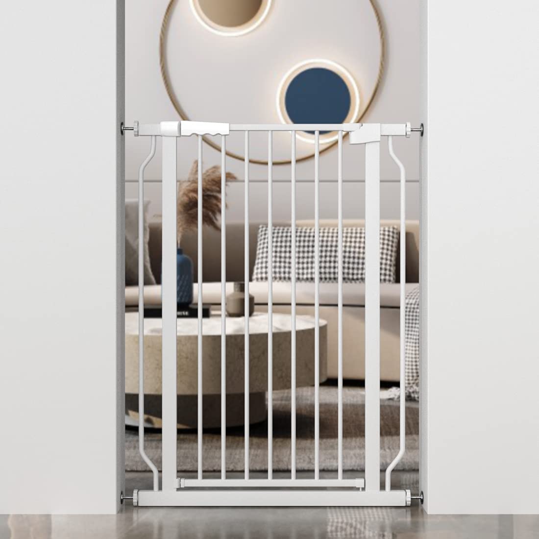WAOWAO Extra Tall 40.55" Baby Gate 29.53"-32.68" Wide Pressure Mounted Walk Through Swing Auto Close Safety White Metal Toddler Child Dog Pet for Indoor Stairs,Doorways,Kitchen