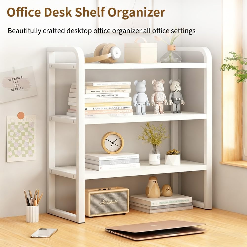 Office Desk Shelf Organizer, Wood Desktop Bookshelf Supplies Storage Rack, Shelf for Top of Desk and Dresser and Cubicle Decor Aesthetic Bookshelf (White White-three Tier, 11.81 Lx7.87 Wx22.05 H)