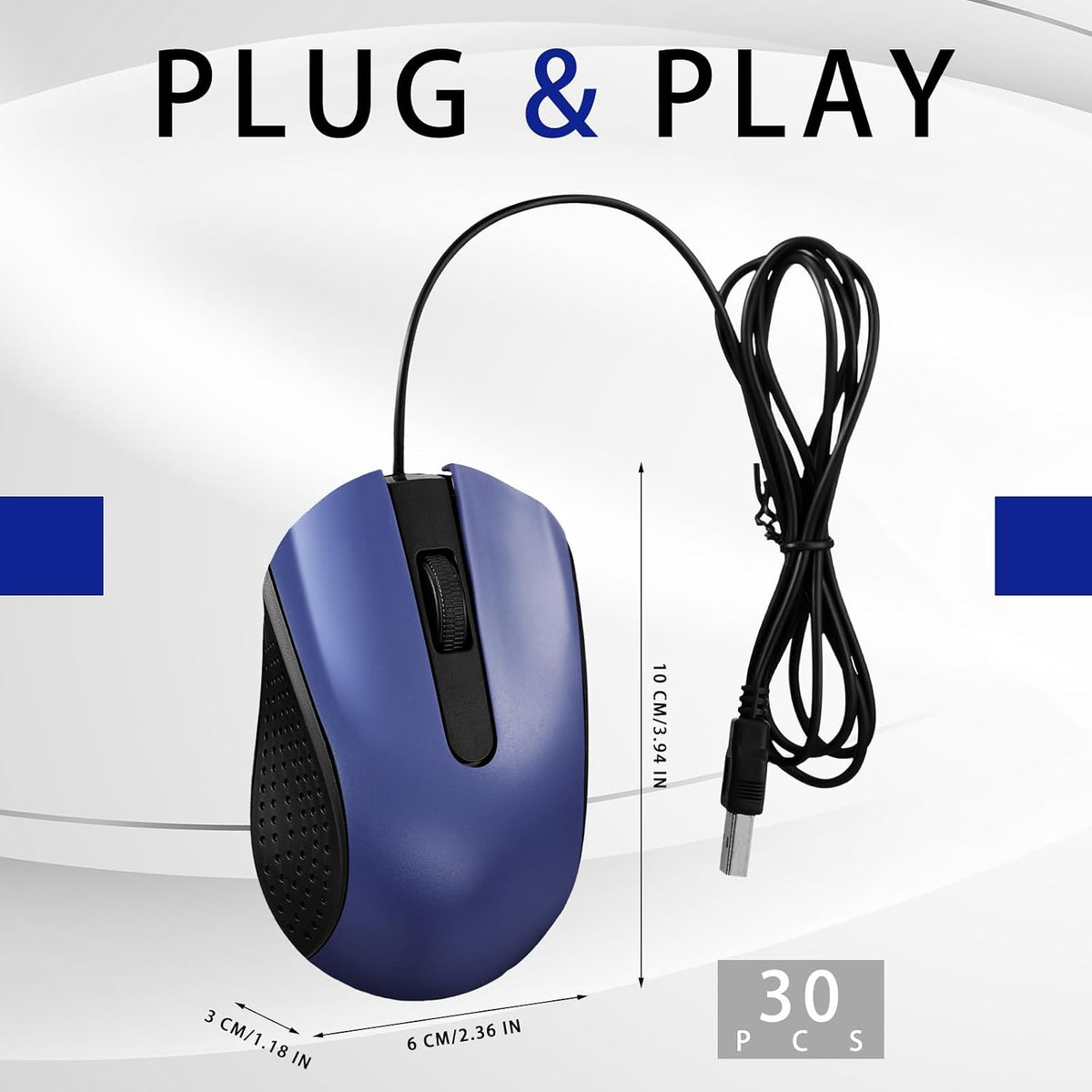 Bonuci 30 Pack Computer USB Wired Mouse Bulk 3 Button 800/1200 DPI Blue