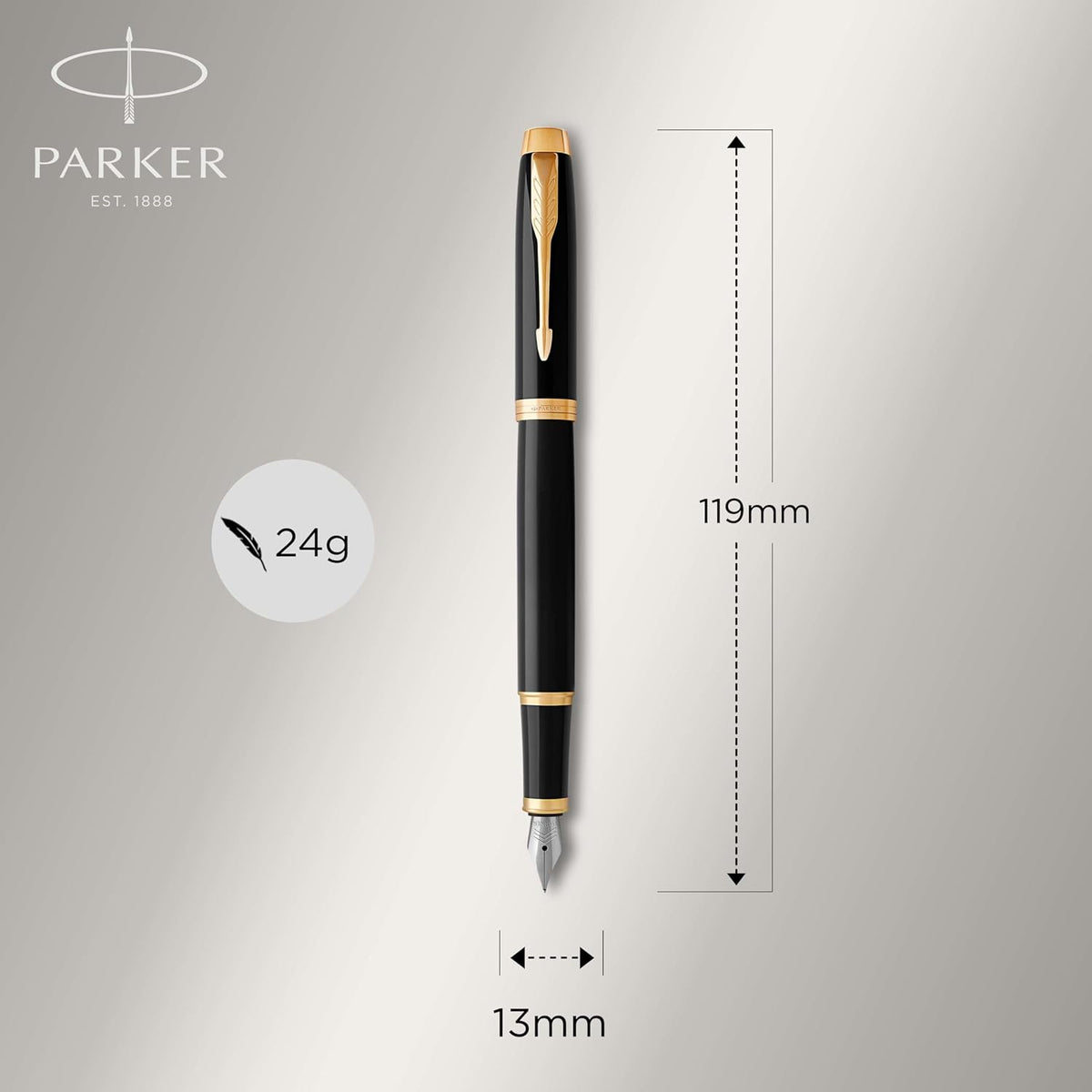 Parker IM Fountain Pen, Black Lacquer with Gold Trim, Fine Nib - Includes Blue Ink Refill and Elegant Gift Box