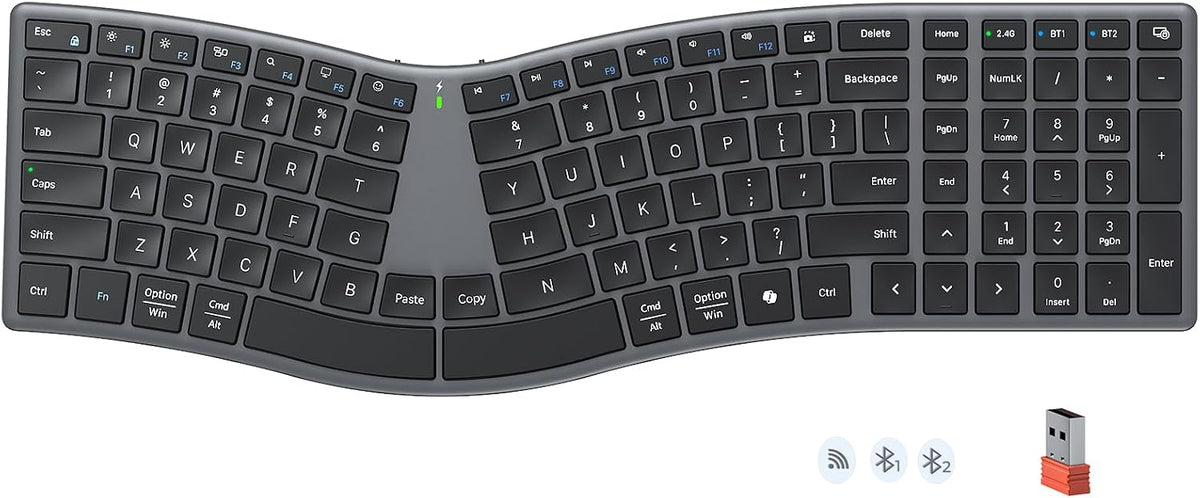 MEETION Wireless Ergonomic Keyboard, Split S-Curve, Bluetooth & 2.4G, Black