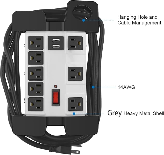 CCCEI Heavy Duty Power Strip with USB, Workshop 8 Outlet Surge Protector 2700 Joules, Industrial Metal 15Amp Power Strip, 20 FT Extension Cord and Wide Spaced Grey.
