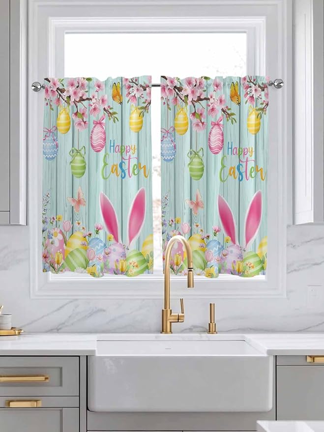 Happy Easter Kitchen Curtains 45 Inches length, Spring Bunny Eggs Flower Teal