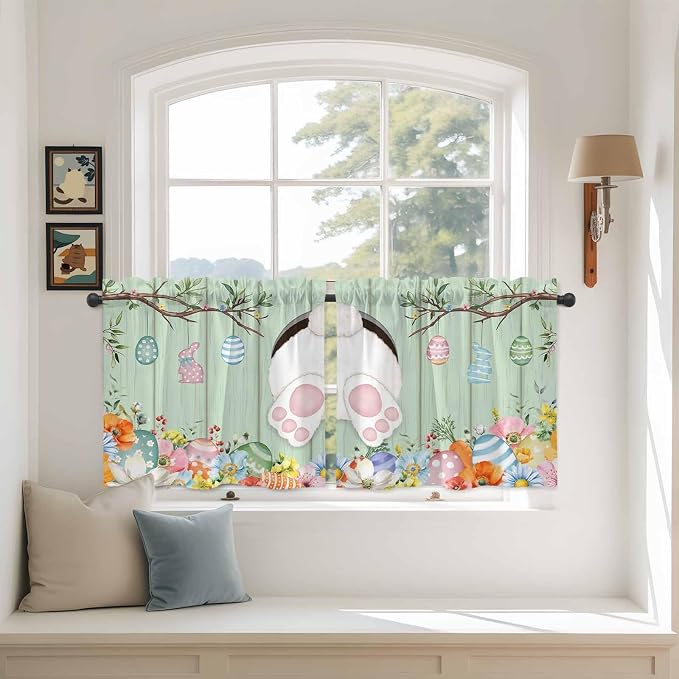 Easter Kitchen Tier Curtains 36 Inch Long 2 Panel Set, Rod Pocket Half Window