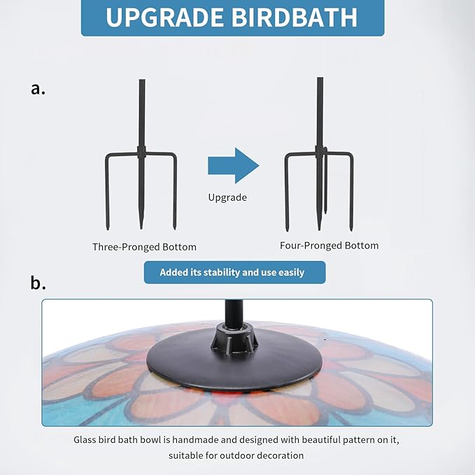 MUMTOP Bird Baths for Outdoors, Glass Birdbath Birdfeeder Bowl with Metal Stake for Outside Garden Yard Lawn Tiffany Style Decor