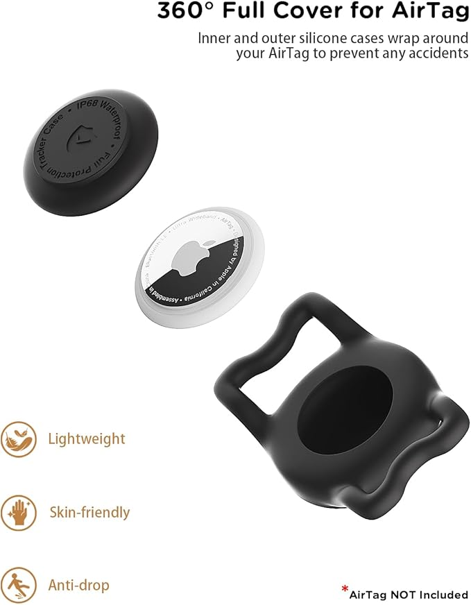 IP68 Waterpoof Dog Air tag Holder, Stretchy Silicone Full Body Covered Apple Air Tag Holder for Dog Cat Collar Fit All Width Collar (Black & Rose, 1 Pack)