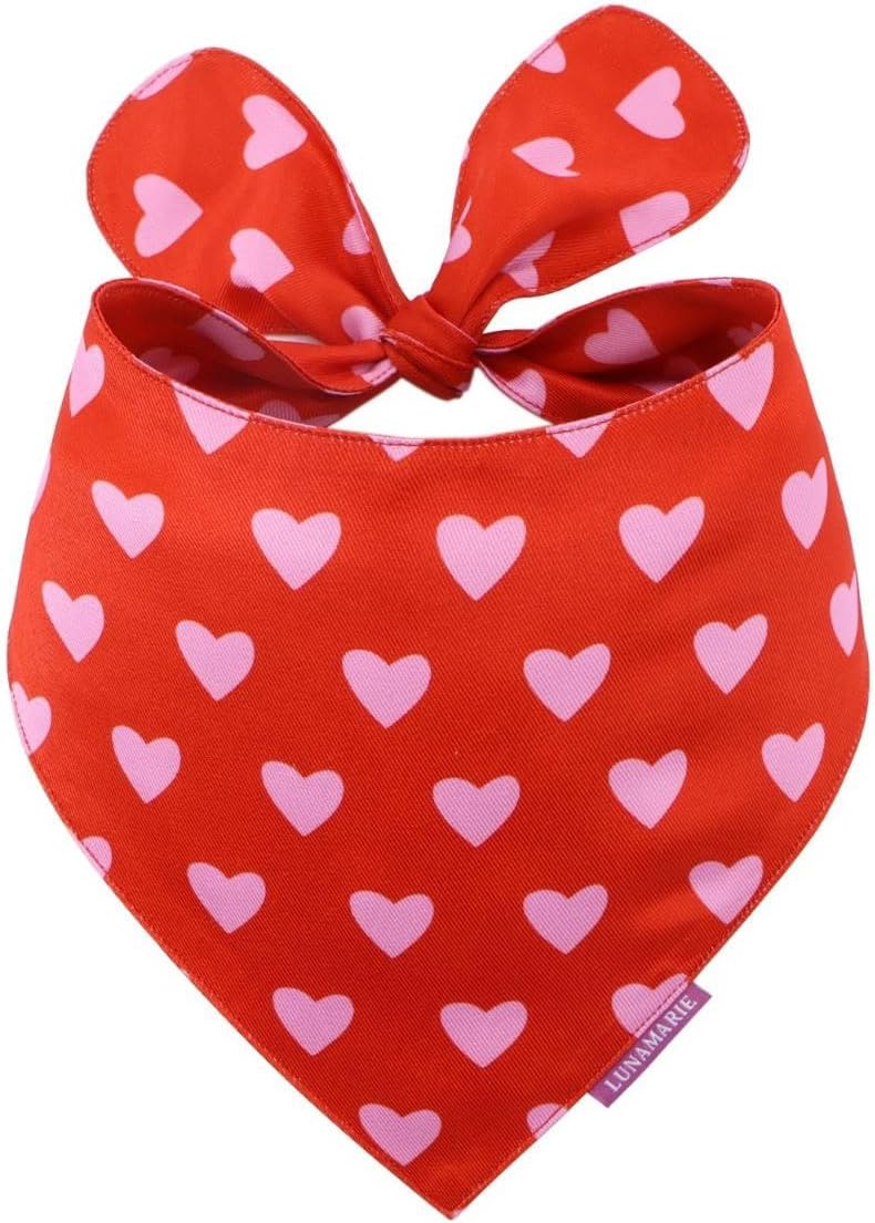 LunaMarie - Luxury Pet Birthday Bandanas -Premium & Silky Poly Fabric | 100% Handmade | Custom Shape Dual Layered (Evie Hearts, Medium)