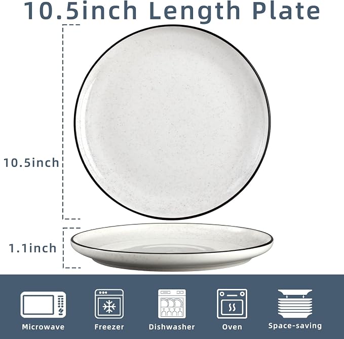 Ceramic White Dinner Plates Set of 6, 10.5 Inch Plates