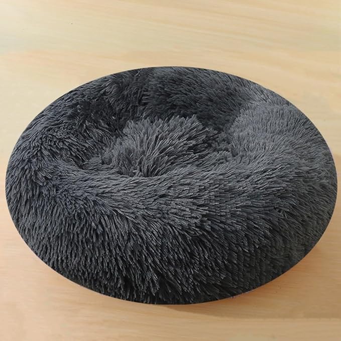 Calming Dog & Cat Bed, 24 Inch Anti-Anxiety Donut Cuddler Cat Bed with Anti-Slip Bottom, Washable Round Fluffy Pet Bed for Small Medium Dogs and Cats (Dark Grey)