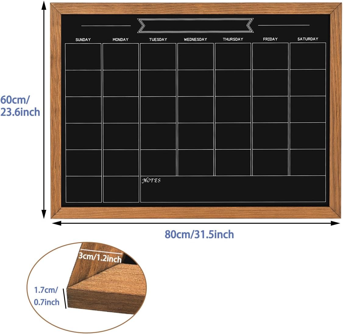 Magnetic Chalkboard Calendar, Rustic Brown Frame, 32" x 24"