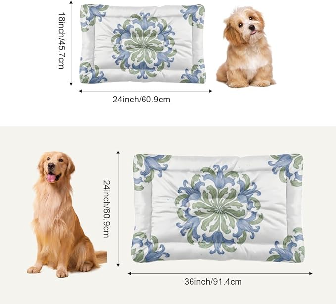 Vintage Blue Green Floral Dog Beds and Furniture Washable Crate Mat Cage Pads Puppy Crate Bed Non-Slip Beds for Small Dogs Dog Bed Pillows Mats for Dogs Pet Cushions Indoor Outdoor 36X24 Inch