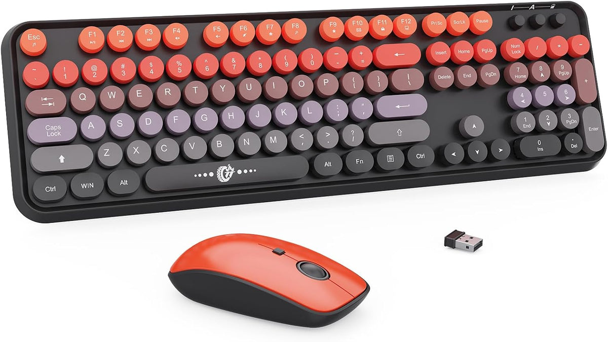 Orange Wireless Keyboard and Mouse Combo,Retro Round Keys, for PC Laptop