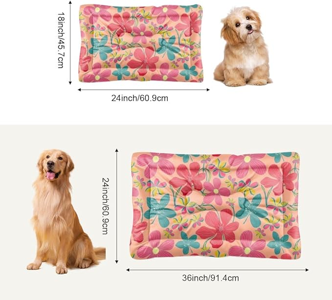 Pastel Pink Floral Dog Bed Small Dog Mats for Sleeping Kennel Pads Chew Resistant Bed for Crate Washable Non-Slip Crate Medium Size Mats Paw Cushion Indoor Outdoor 36X24 Inch