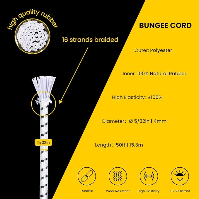Bungee Cord Elastic Shock Cord 5/32" x 50' Bungee Rope for DIY, Tie Downs, Kayak and Outdoor - White&Black