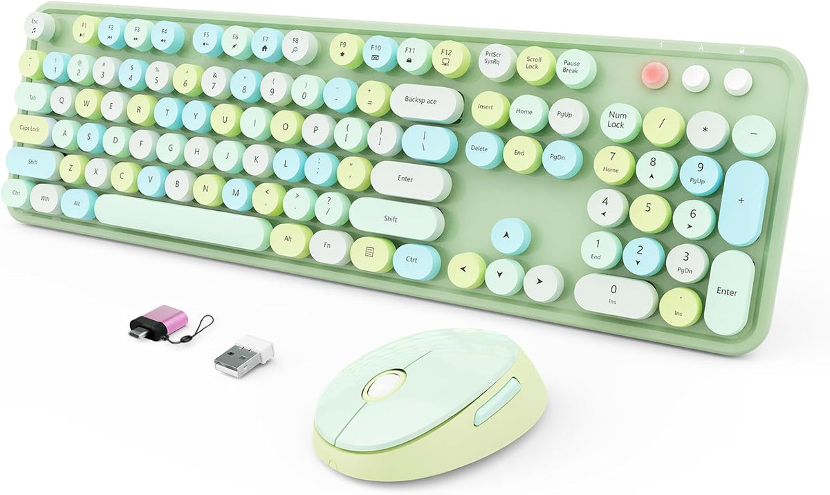Wireless Keyboard and Mouse Combo, Ergonomic Full Size Typewriter Retro Round Keycaps Keyboard, Compatible with Windows, PC, Perfer for Home and Office Keyboards (Green