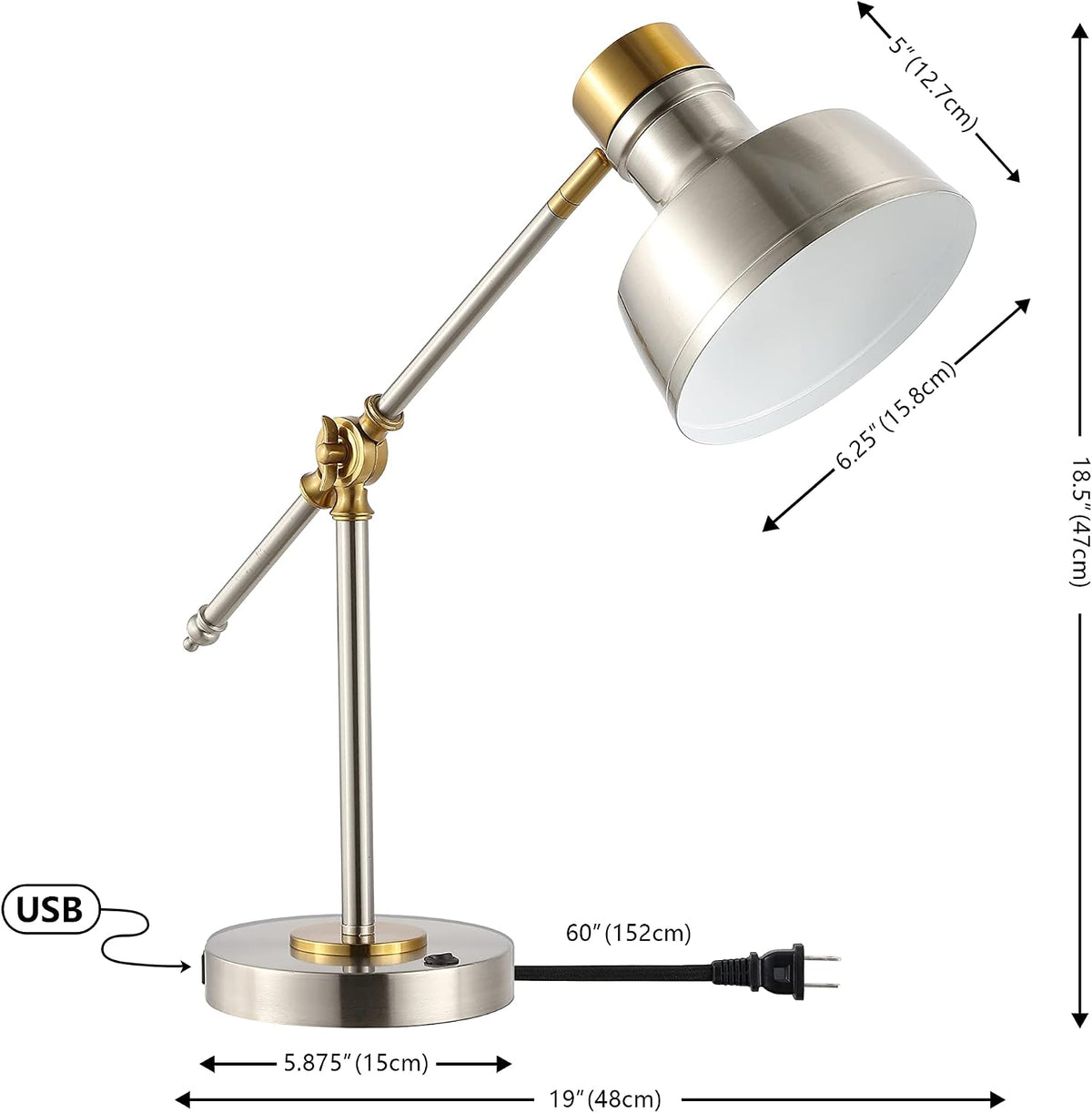 JONATHAN Y Allegra Metal Task Desk Lamp USB Port 18.5", Nickel/Brass Gold
