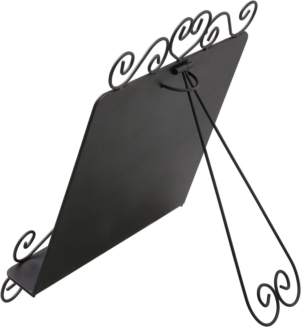 MyGift Black Metal Cookbook Stand for Kitchen Counter, Cookbook Easel Stand with Weighted Page Holder and Vintage Scrollwork Design