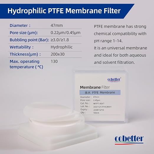 100 Pieces/Pack PTFE Disc Membrane Filters Hydrophilic 47mm Diameter 0.45µm