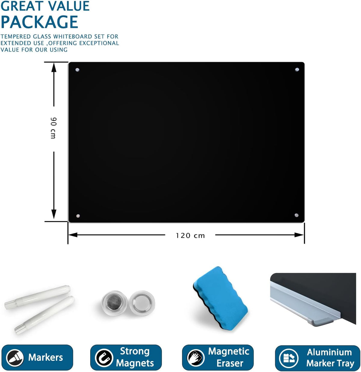 Magnetic Blackboard 48“ x 36” Black Glass Dry-Erase Board Wall-Mounted Frameless Whiteboard Bulletin Board Suitable for Offices, Schools, and Homes(Black)