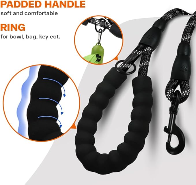 Taglory Rope Dog Leash 6 FT with Comfortable Padded Handle, Highly Reflective Threads Leash and Anti-Tangle Clip for Walking Small Dogs, 3/8 inch, Black
