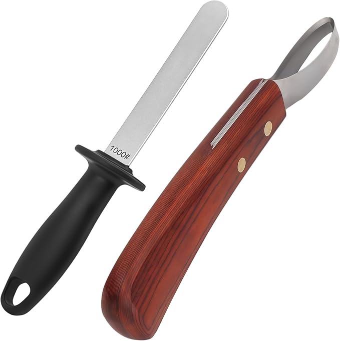 2 Pcs Professional Farrier Hoof Trimming Kit, Curved Knife, Dual Grit Diamond Sharpening Rod, Ergonomic Handle for Livestock Care, Long-Lasting Tools