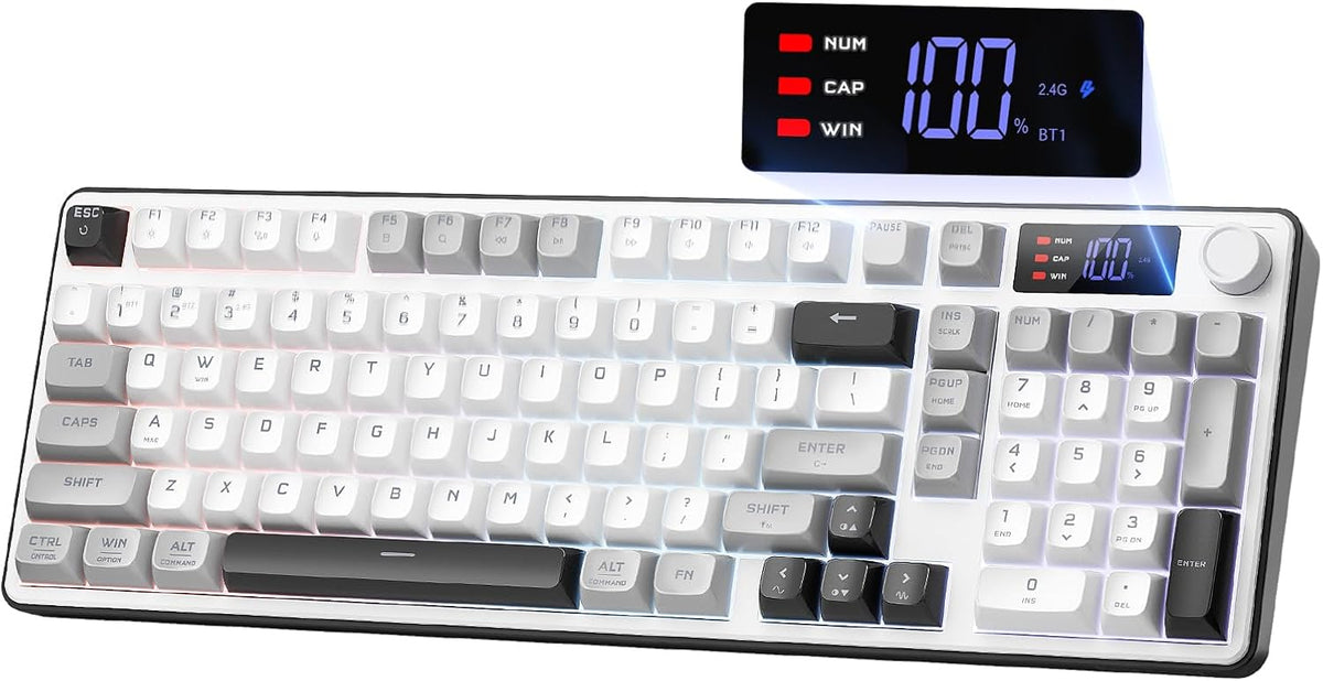 Redragon Wireless Gaming Keyboard, 98-Key Tri-Mode (BT/2.4G/Wired) RGB Computer Keyboard with Knob & Display, Fade-Resistant PBT Keycaps & 4000mAh Battery, Compatible with Windows/Mac - White Gray
