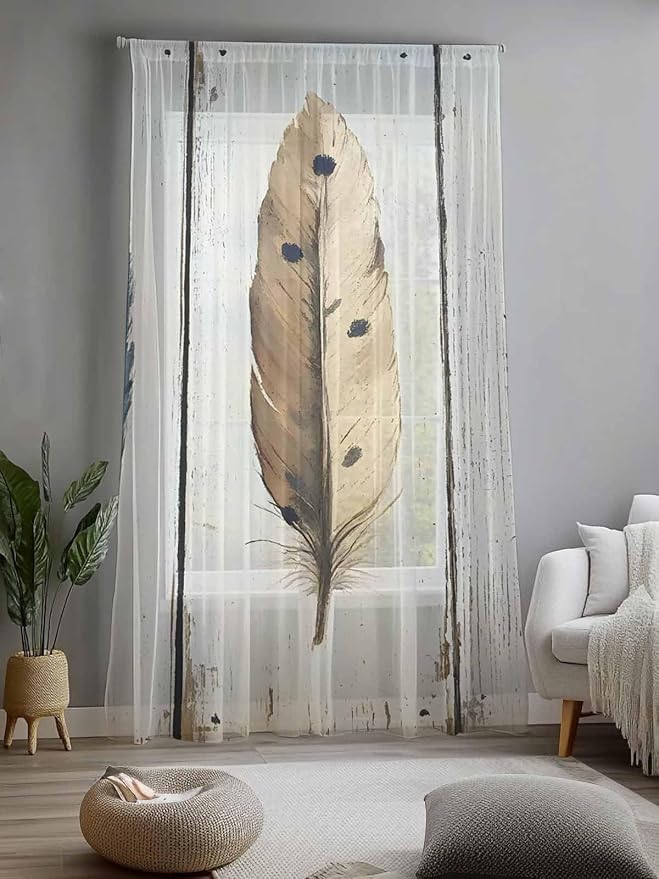 Sheer Curtains 84 Inches Long, Farmhouse Feather Semi Sheer Curtains Light