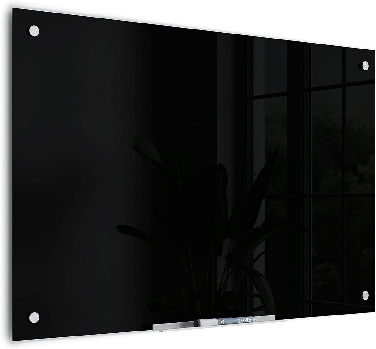 U Brands Glass Dry Erase Board, 24" x 36", Black Surface with Silver Grommets, Frameless, Includes Marker with Built-in Eraser