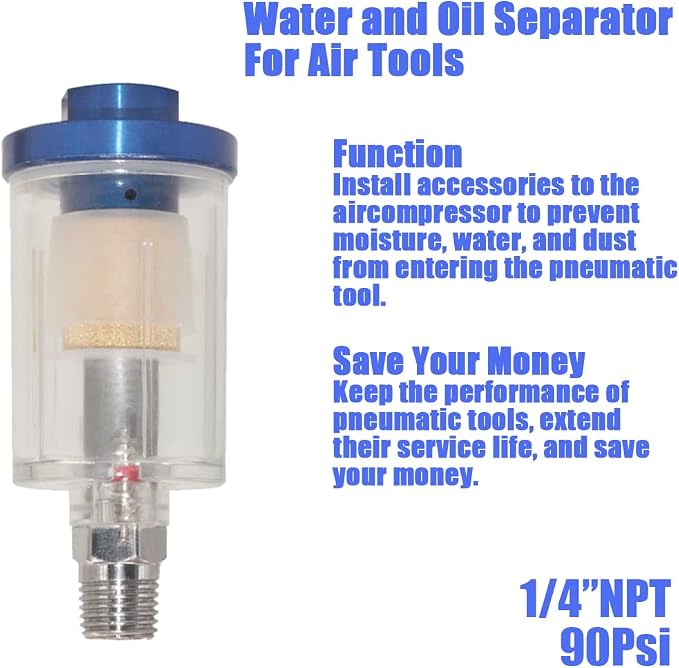 Oil Water Separator for Air Line, 1/4 Inch NPT Inlet and Outlet, Air Compressor